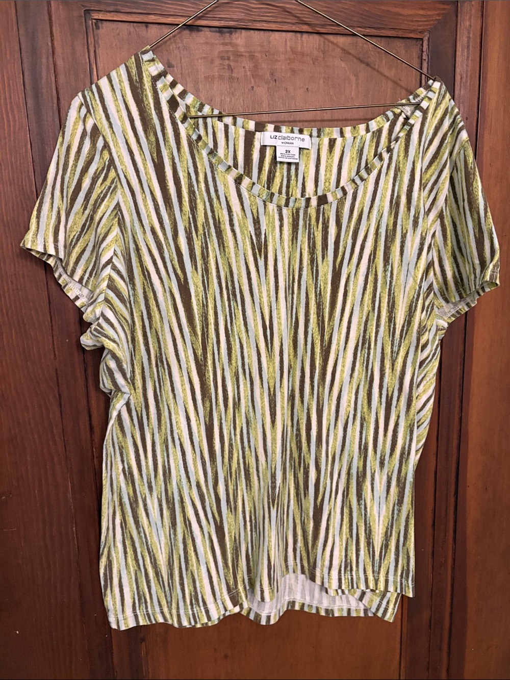 Liz Claiborne Olive and White Striped Short-Sleeve Top